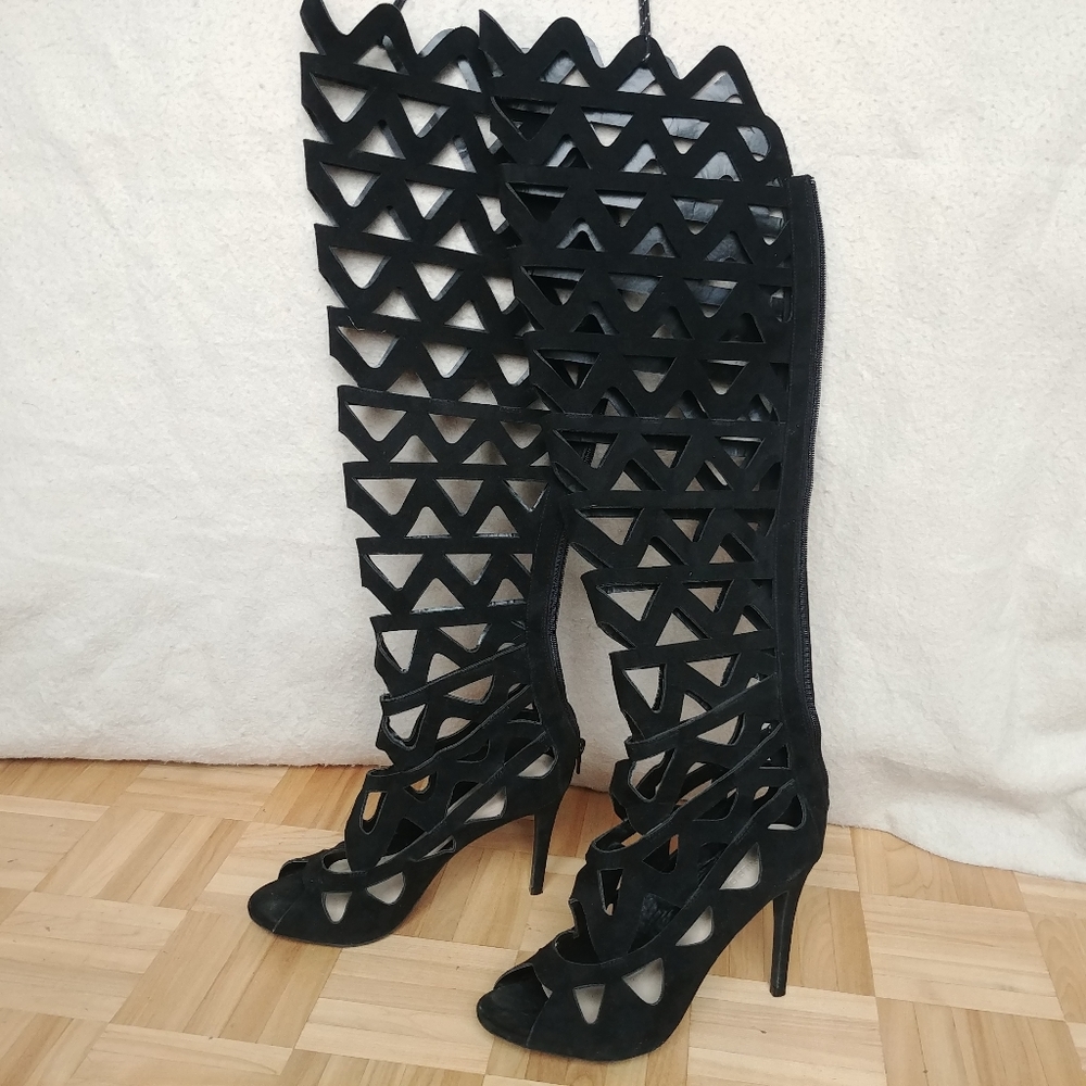 Black mesh overknee high heeled boots